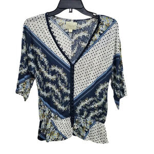 Anthropologie | Deletta Blue White Mixed Print Cottagecore Peplum Blouse Sz XS